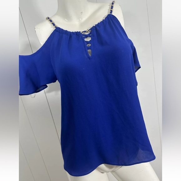 NWT INC International Womens Blue Open shoulder Blouse Top Size S - Picture 1 of 9